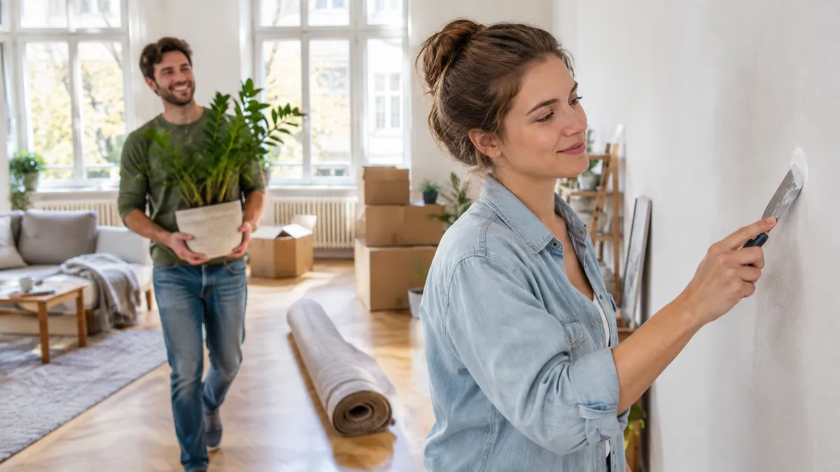 Junge Frau verspachtelt in einer hellen Wohnung ein Dübelloch in der weißen Wand, im Hintergrund stehen Umzugskartons